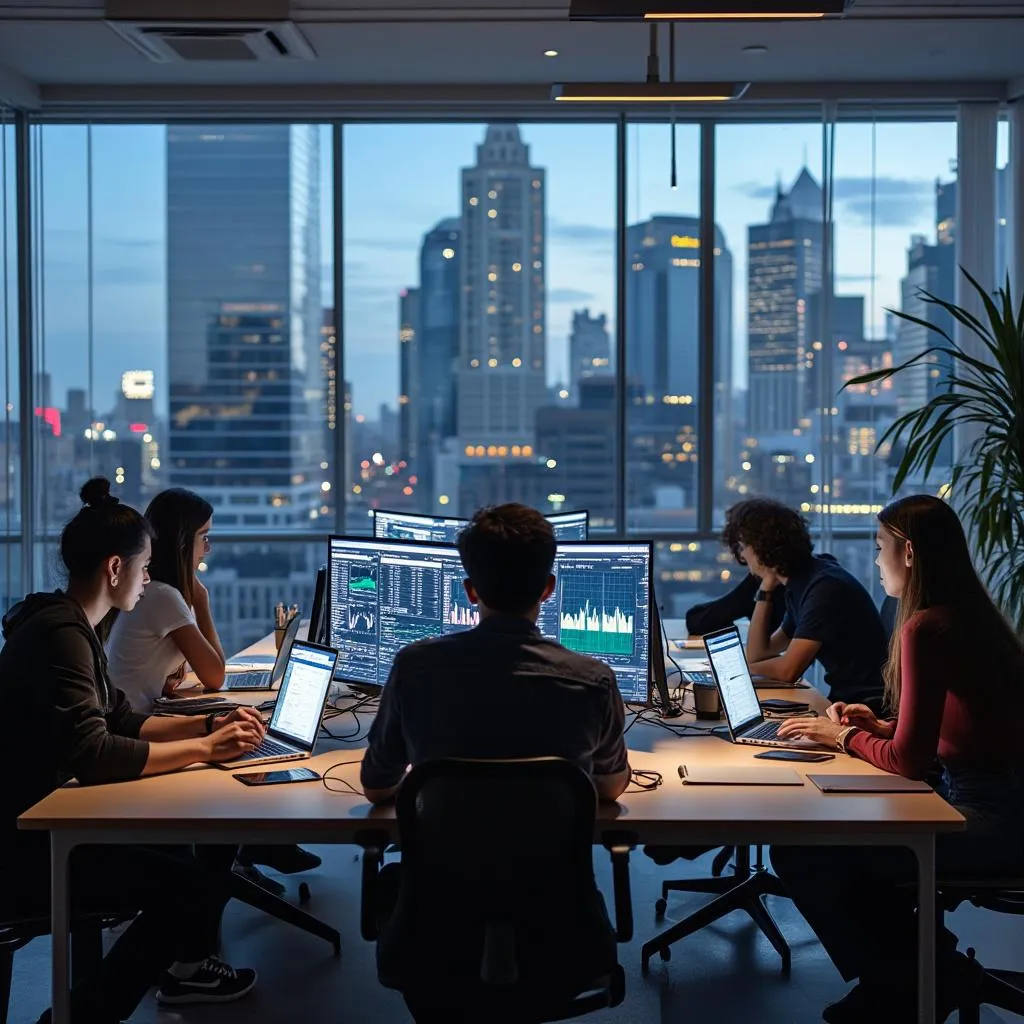 Equipo de InvertBot en oficina moderna con pantallas de datos financieros