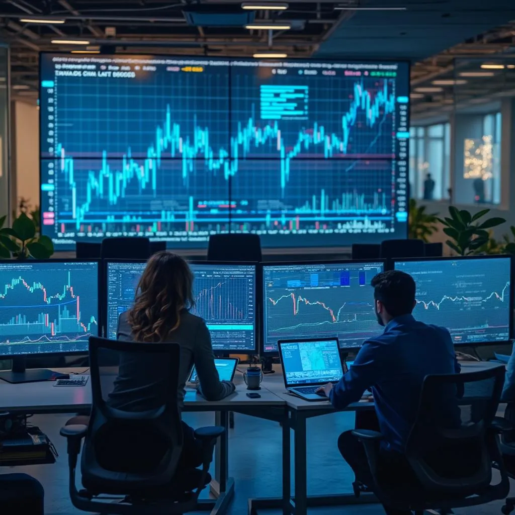 Equipo de expertos financieros y tecnológicos trabajando en algoritmos de inversión